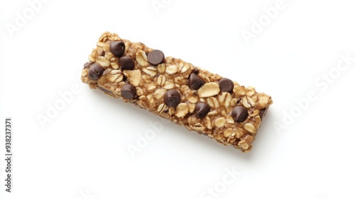 A perfectly centered chocolate chip peanut butter granola bar is showcased on a pristine white background, highlighting its texture and delicious toppings, ideal for snacking photo