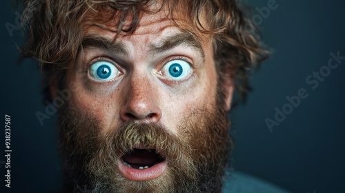 A bearded man with disheveled hair and wide blue eyes expresses surprise, staring directly ahead with an astonished look, highlighting his vivid features indoors