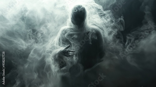 Sinister Ghost Reaching Out from Smoke, Spooky Specter in Foggy Darkness, Creepy Hand of Phantom in Mist, Dramatic Halloween Ghostly Figure