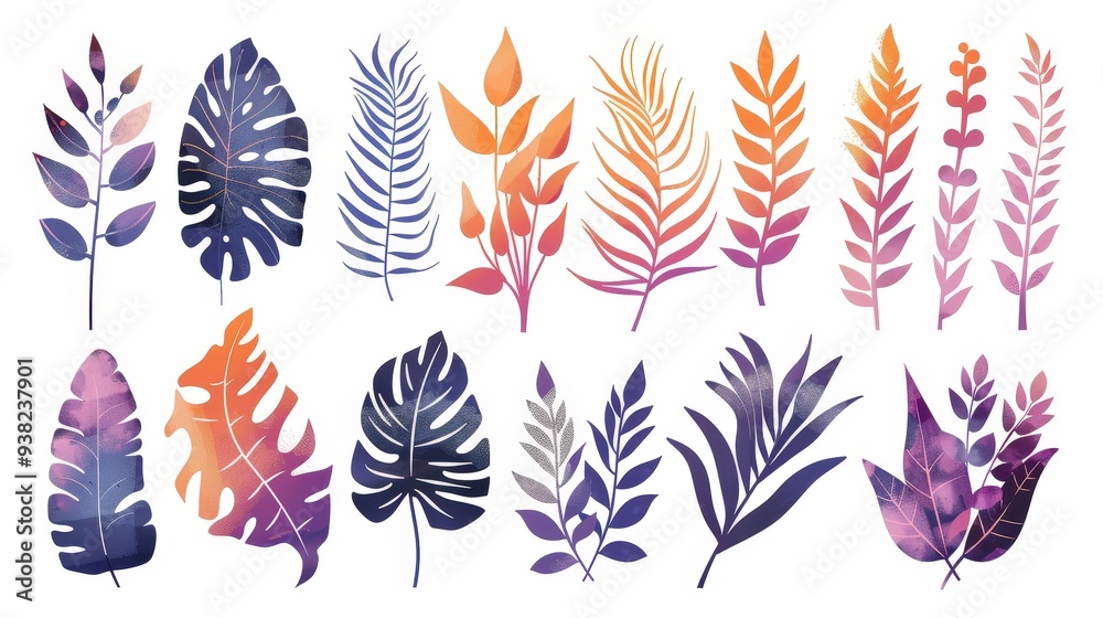 Collection of colorful hand-drawn leaves. Collection of colorful hand-drawn leaves.