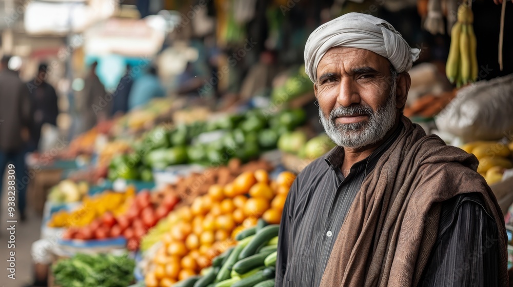 A friendly local man wearing traditional attire stands among colorful stalls filled with fresh vegetables, engaging with customers in a lively outdoor market A friendly local man wearing traditional attire stands among colorful stalls filled with fresh vegetables, engaging with customers in a lively outdoor market