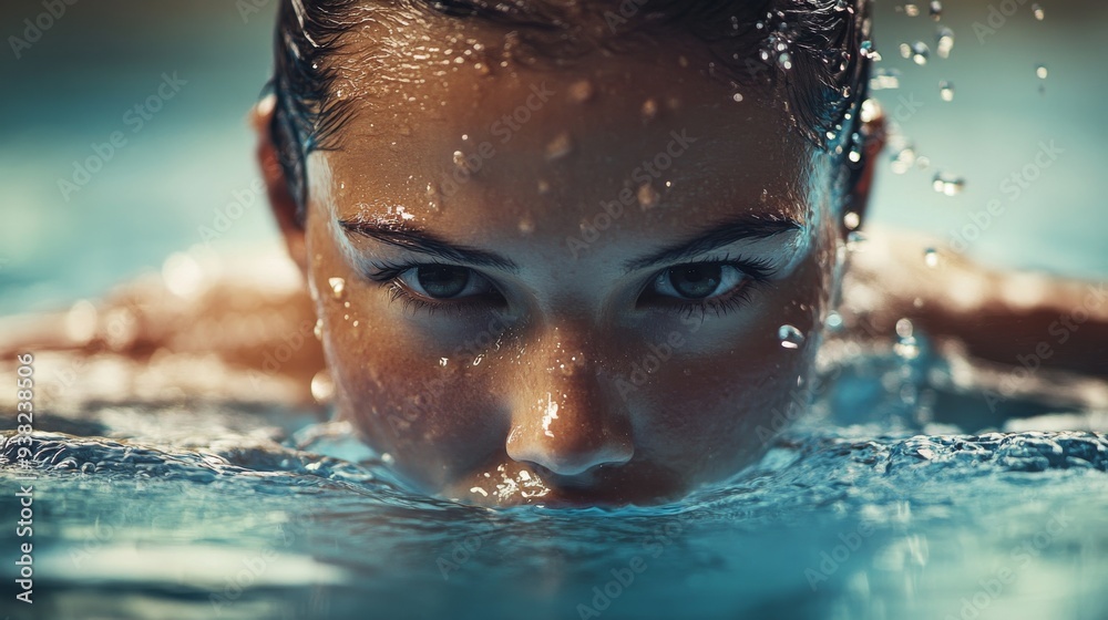 A female athlete surfaces from the water, her expression showing determination and tension as she prepares for the next challenge in the swim competition A female athlete surfaces from the water, her expression showing determination and tension as she prepares for the next challenge in the swim competition