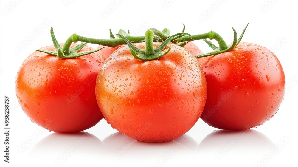 Three red tomatoes with green stems and water droplets on them, isolated on a white background. Three red tomatoes with green stems and water droplets on them, isolated on a white background.
