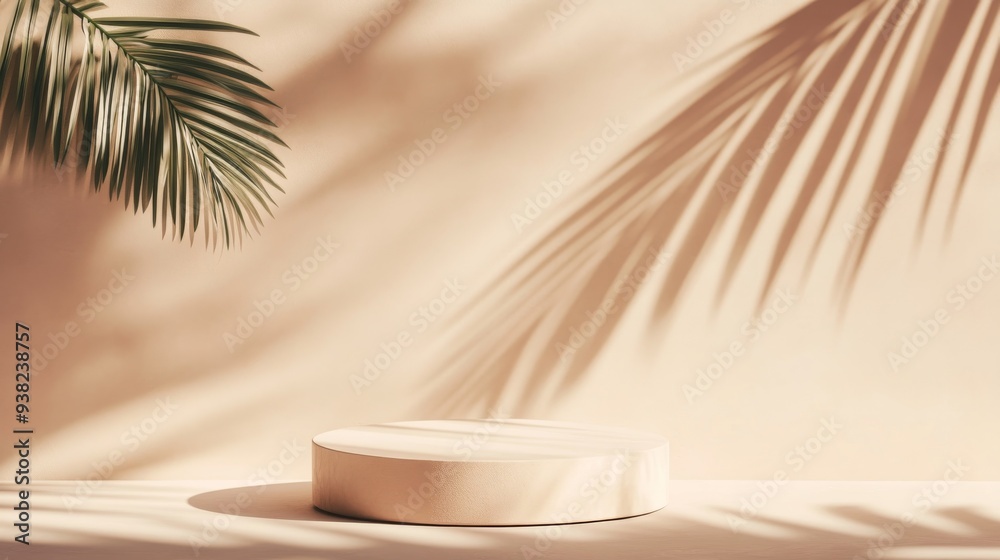 A sleek empty podium stands prominently against a soft backdrop, highlighted by gentle shadows of tropical foliage creating a tranquil atmosphere A sleek empty podium stands prominently against a soft backdrop, highlighted by gentle shadows of tropical foliage creating a tranquil atmosphere