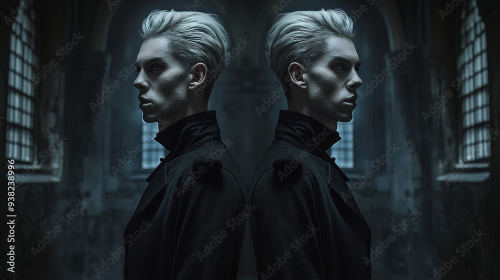 Naklejka premium Full-body shot of a blonde male model with slicked-back hair in a black coat, standing in a dark castle hall, captured in surrealistic photography with symmetrical composition, muted colors