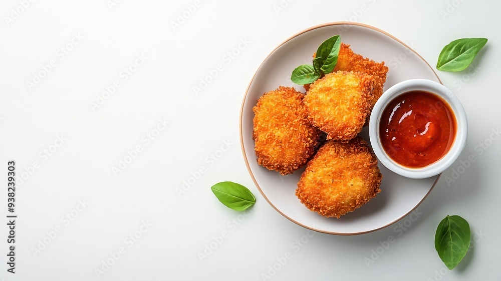 Single golden chicken nugget with a small bowl of dipping sauce, minimalist composition. Single golden chicken nugget with a small bowl of dipping sauce, minimalist composition.