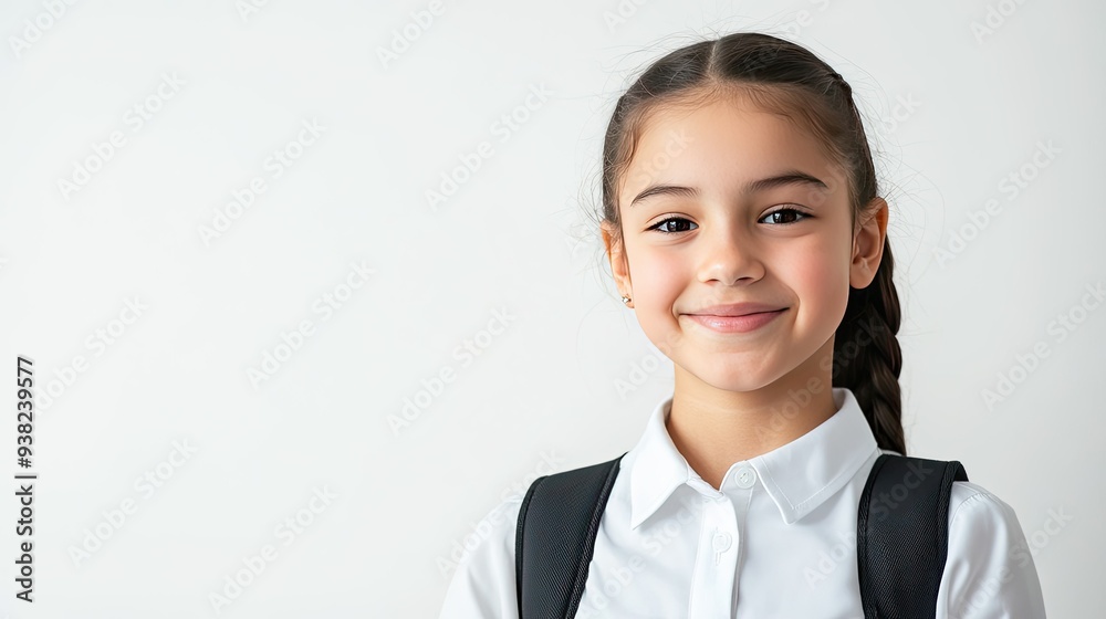 A cheerful middle school student in a crisp uniform, standing confidently on a white background with plenty of copy space. A cheerful middle school student in a crisp uniform, standing confidently on a white background with plenty of copy space.