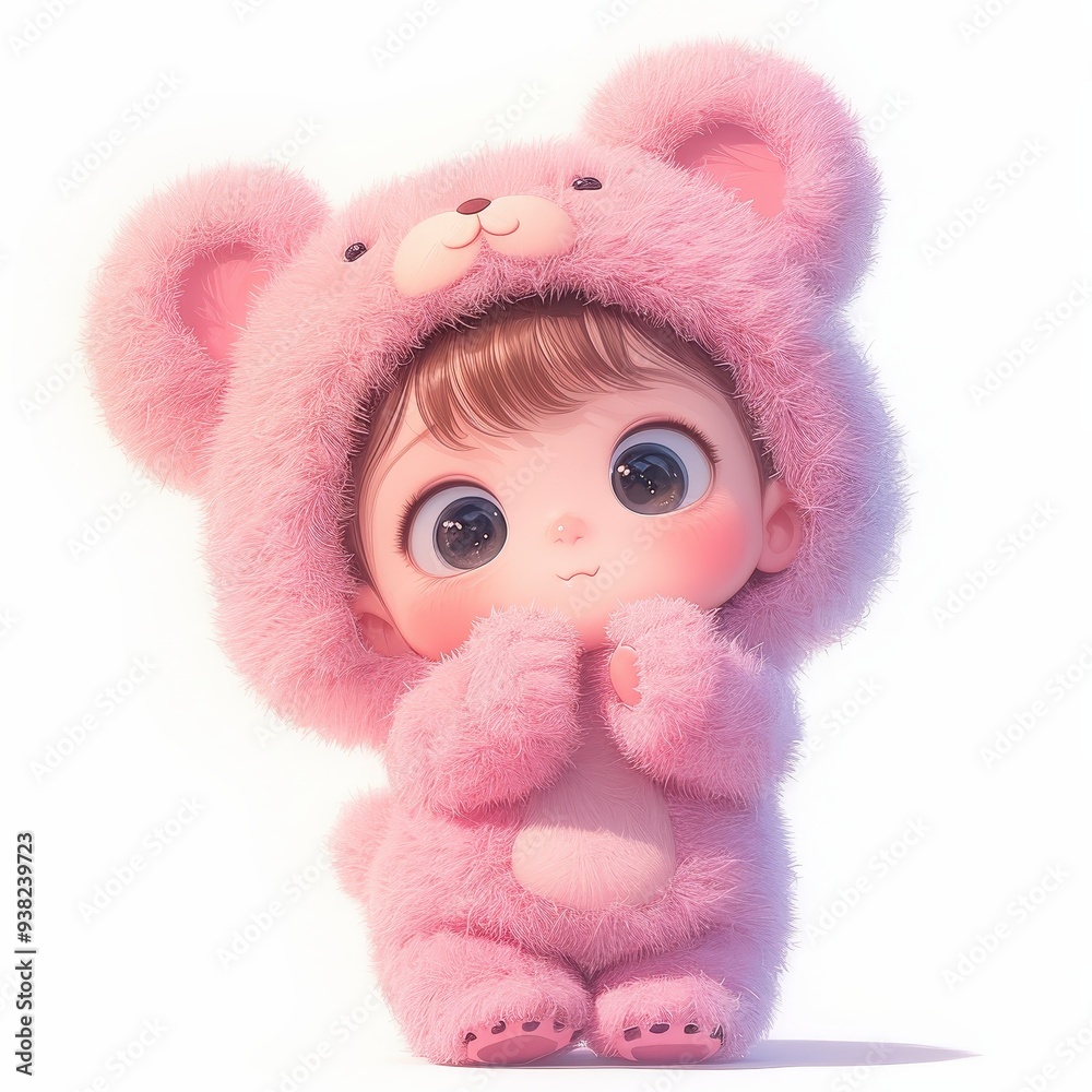 Cute cartoon baby girl wearing a pink teddy bear costume. Cute cartoon baby girl wearing a pink teddy bear costume.