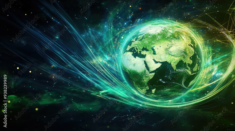 A futuristic earth globe with fiber optic lines swirling around, representing high-speed connectivity and technology. A futuristic earth globe with fiber optic lines swirling around, representing high-speed connectivity and technology.