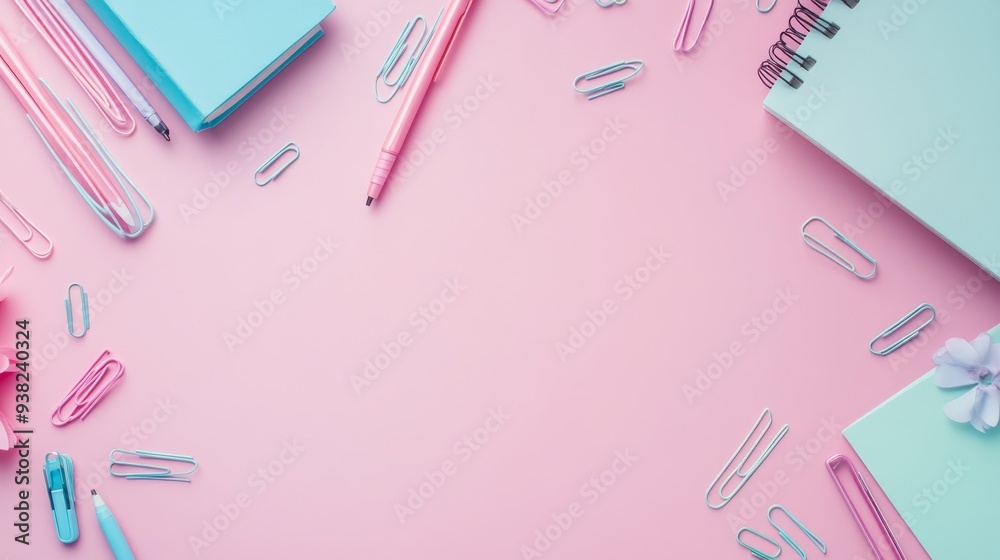 A tidy pastel pink desk surface features a neatly arranged notebook and pen, surrounded by colorful paper clips offering a pop of color to the workspace A tidy pastel pink desk surface features a neatly arranged notebook and pen, surrounded by colorful paper clips offering a pop of color to the workspace