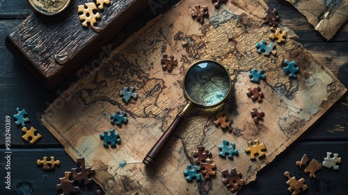 A closeup captures a vintage map beneath an arrangement of colorful puzzle pieces and a classic magnifying glass, evoking curiosity and nostalgia on a rustic wooden surface photo