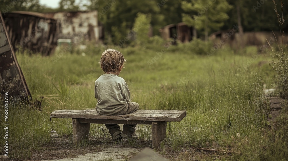 Fototapeta premium A disheveled child sits quietly on a weathered bench in a deserted park, surrounded by overgrown grass and remnants of a once-vibrant area