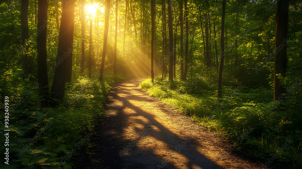 Sun rays illuminate a path through a lush green forest. Sun rays illuminate a path through a lush green forest.