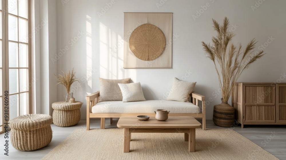 This serene living room combines Scandinavian and Japanese styles, showcasing natural materials, simple furniture, and soft decor that creates a peaceful atmosphere This serene living room combines Scandinavian and Japanese styles, showcasing natural materials, simple furniture, and soft decor that creates a peaceful atmosphere