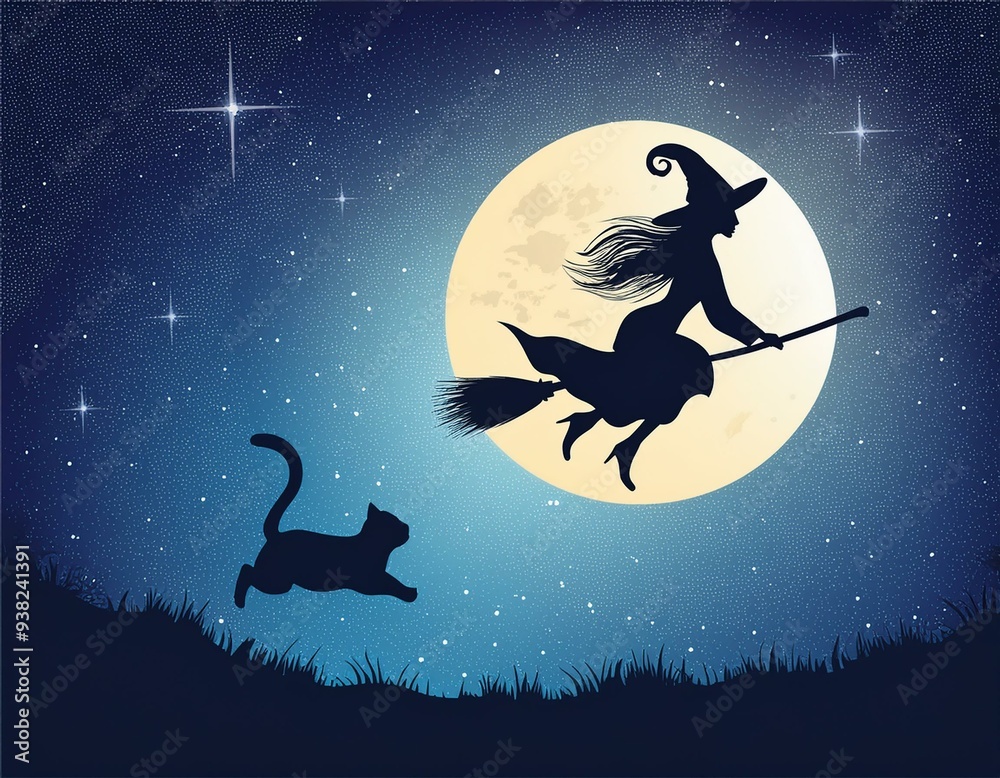 Fototapeta premium Silhouetted Witch Flying on Broomstick with Black Cat Under Starry Night Sky