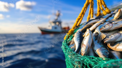 A net full of fish is being pulled out of the water