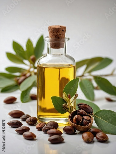 A glass bottle of jojoba oil is placed beside a small cluster of brown jojoba seeds and scattered green leaves