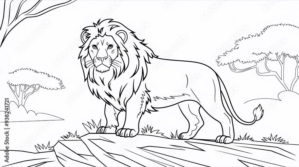 Obraz premium Lion animal coloring book page illustration. Outline character sketch drawing, Africa safari nature wildlife wild cat predator, king doodle art print