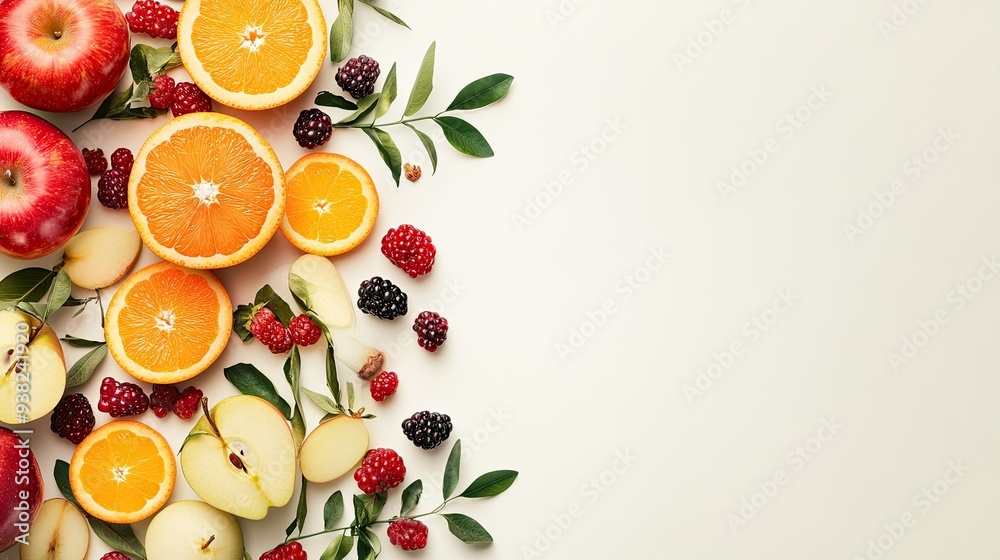 Abstract composition of fresh fruits like apples, berries, and oranges, set against a plain backdrop with room for text - Abstract composition of fresh fruits like apples, berries, and oranges, set against a plain backdrop with room for text -