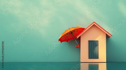 An abstract view of a small house with an umbrella overhead, symbolizing protection and shelter, with ample copy space.