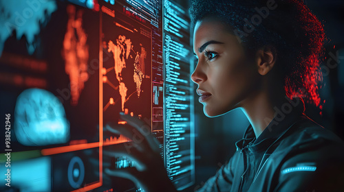 A focused woman programmer analyzes data on a large screen,  with a world map and code displayed.