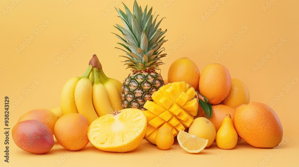 Assorted tropical fruits, including mangoes, pineapples, and bananas, set abstractly against a plain backdrop, ideal for food themes Assorted tropical fruits, including mangoes, pineapples, and bananas, set abstractly against a plain backdrop, ideal for food themes