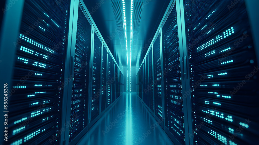 Fototapeta premium A long hallway in a server room with rows of data storage units lit by overhead lights.