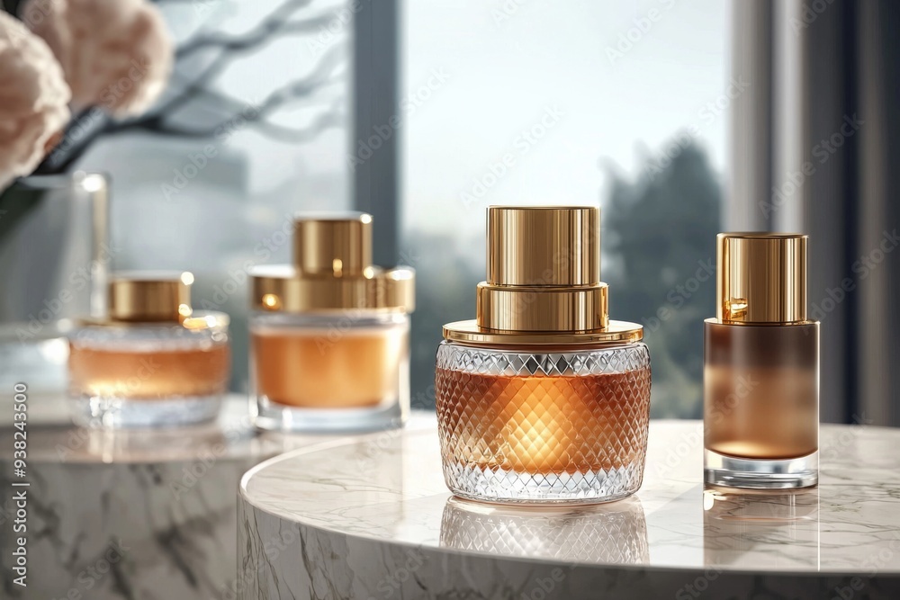Luxurious cosmetic packaging bottles created with generative AI Luxurious cosmetic packaging bottles created with generative AI