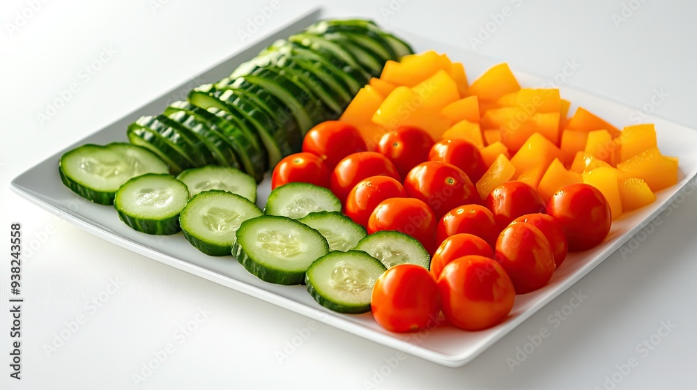 Clean and minimal vegetable platter with crisp cucumber slices, cherry tomatoes, and bell peppers against a white background. Clean and minimal vegetable platter with crisp cucumber slices, cherry tomatoes, and bell peppers against a white background.