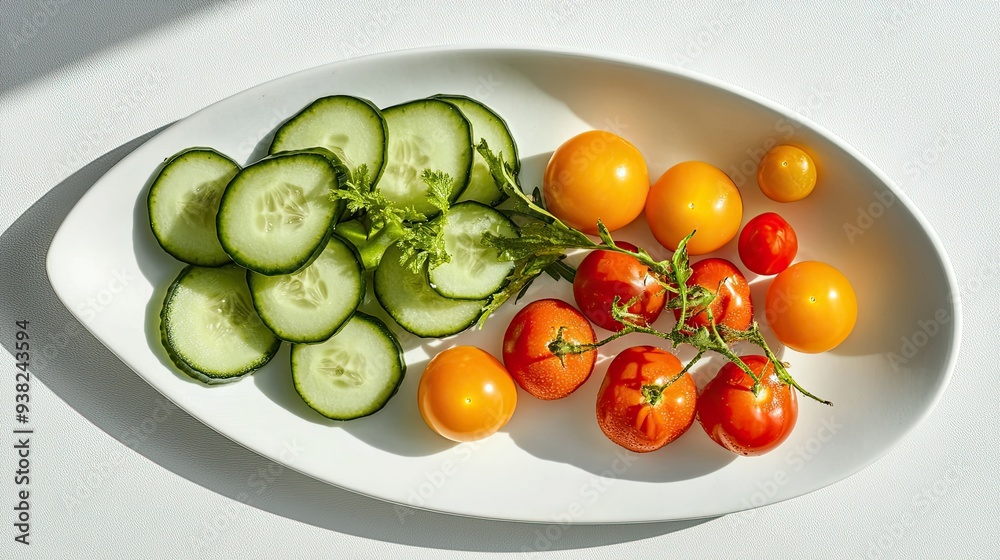 Clean and minimal vegetable platter with crisp cucumber slices, cherry tomatoes, and bell peppers against a white background. Clean and minimal vegetable platter with crisp cucumber slices, cherry tomatoes, and bell peppers against a white background.