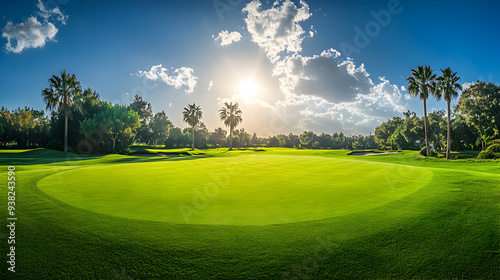 A panoramic view of a golf course with palm trees, a green fairway, and a blue sky with clouds.