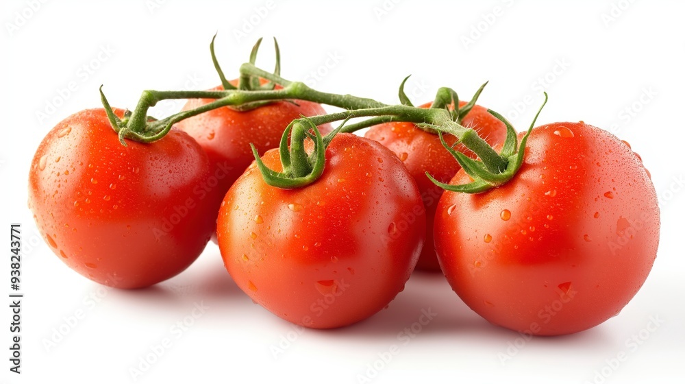 Four fresh red tomatoes with green stems and water droplets on white background. Four fresh red tomatoes with green stems and water droplets on white background.
