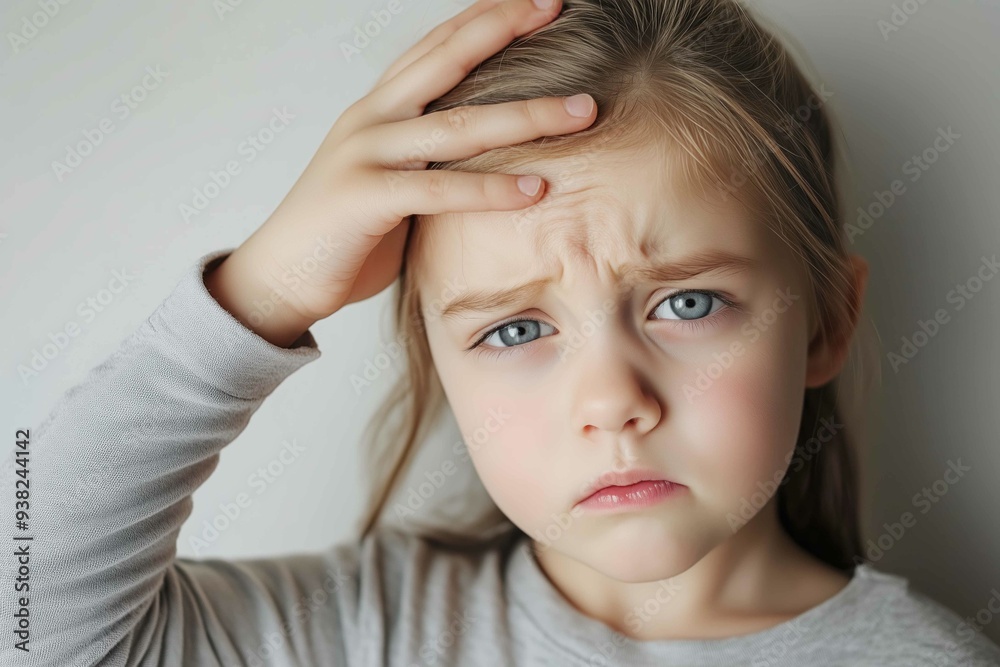 Fototapeta premium Portrait of a caucasian girl with a fever touching her head