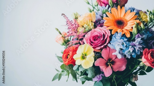 Close-up of a vibrant bridal bouquet with colorful flowers, set against a pristine white background, perfect for wedding themes.