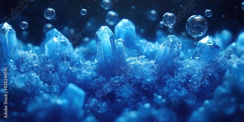 Blue Crystal Formations with Floating Bubbles