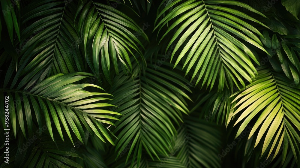 Close-up of lush green palm leaves, set against a plain background, highlighting the texture and tropical vibe. Close-up of lush green palm leaves, set against a plain background, highlighting the texture and tropical vibe.