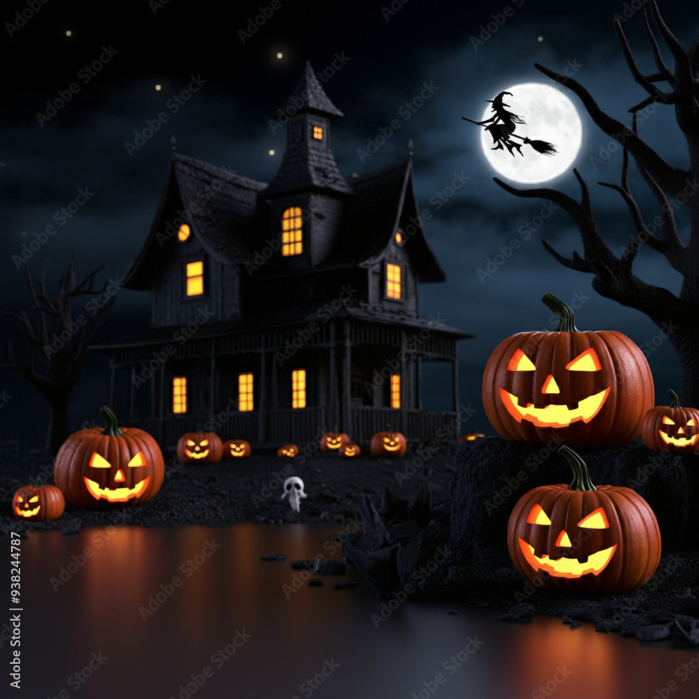 Generative AI Halloween-Themed Background with Spooky Night Scene, Haunted House, and Carved Pumpkins Generative AI Halloween-Themed Background with Spooky Night Scene, Haunted House, and Carved Pumpkins