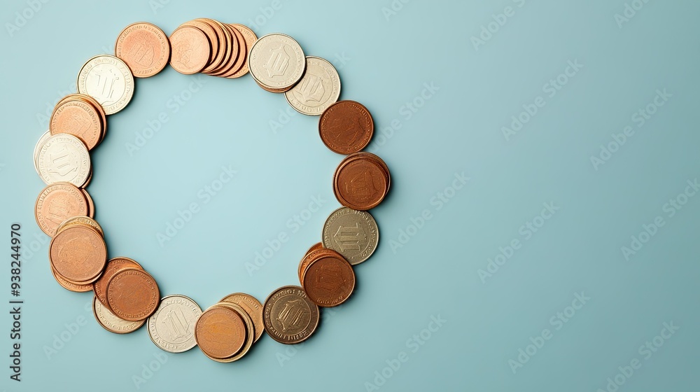 Coins arranged in a circular pattern on a minimalist background, clean design with space for text or graphics Coins arranged in a circular pattern on a minimalist background, clean design with space for text or graphics