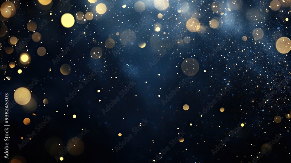 Dark blue background with soft gold bokeh lights, forming a smooth and luxurious texture.