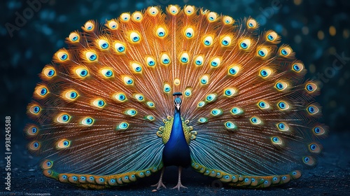majestic display of peacock feathers fanned out in a semicircle, each feather shimmering with iridescent colors