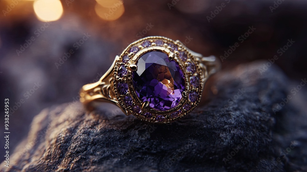 Elegant amethyst ring sparkling in low light, with a mystical atmosphere enhancing its beauty. Elegant amethyst ring sparkling in low light, with a mystical atmosphere enhancing its beauty.