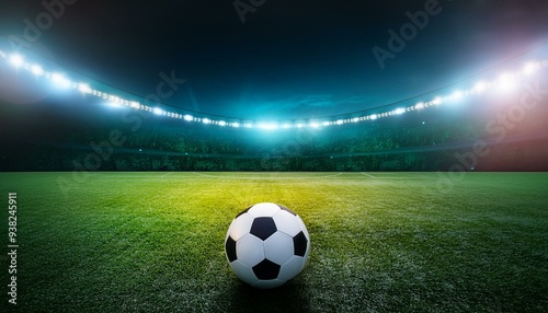 Soccer Ball on the Field at Night with Stadium Lights, This image can be used as a striking and colorful background for sports-related designs or as