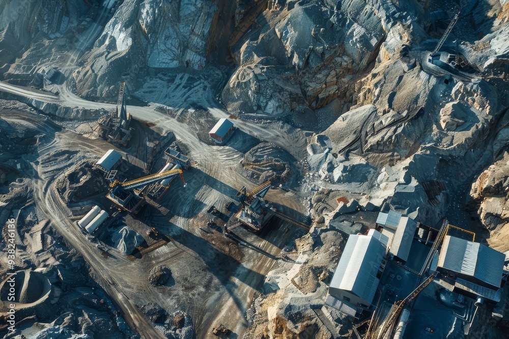 large open pit with lot of dirt, cluster of industrial buildings surrounded by piles of extracted minerals large open pit with lot of dirt, cluster of industrial buildings surrounded by piles of extracted minerals