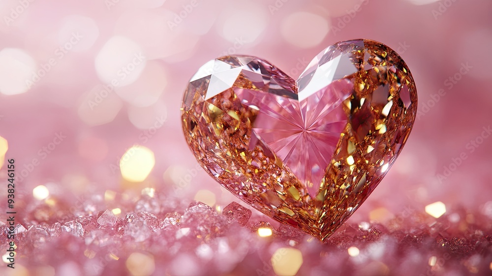Elegant heart-shaped diamond piece radiating golden sparkles, with a delicate pink backdrop enhancing its beauty. Elegant heart-shaped diamond piece radiating golden sparkles, with a delicate pink backdrop enhancing its beauty.