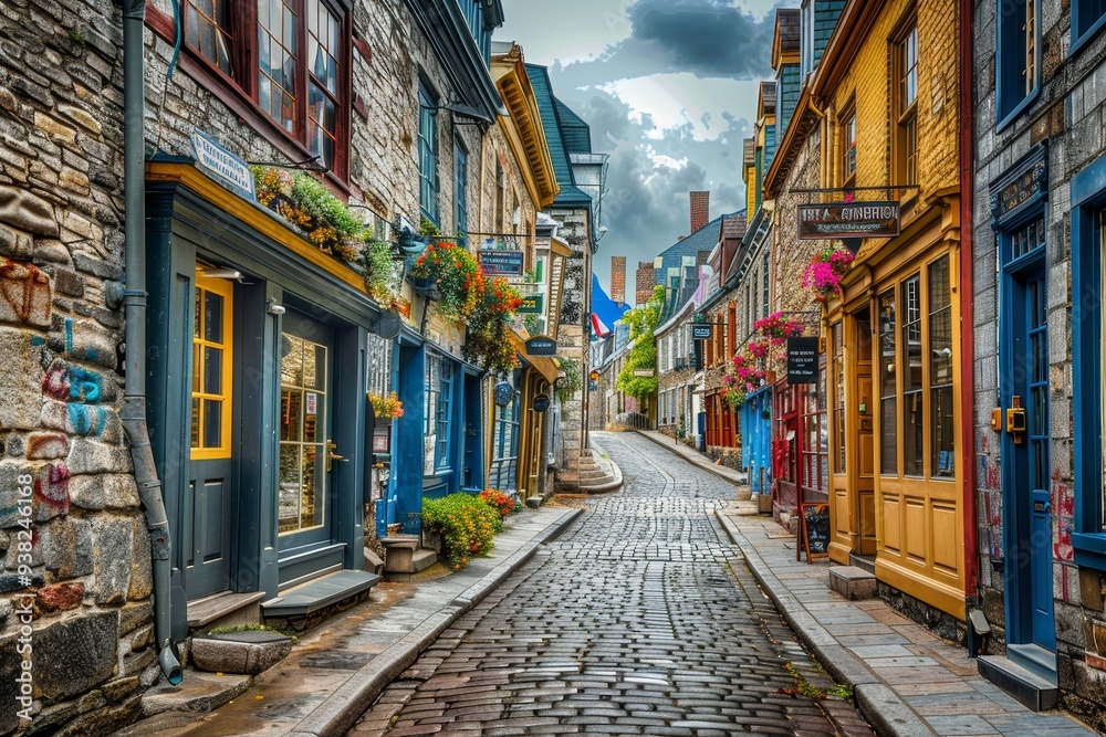 Fototapeta premium cobblestone street with clock tower in the background, cobblestone street lined with historic buildings and colorful storefronts
