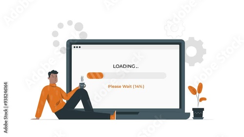A man sits in front of a laptop holding a coffee mug, watching a loading bar animate from 0% to 100% on the screen. Countdown concept video, perfect for technology themes.