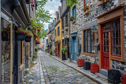 cobblestone street with clock tower in the background, cobblestone street lined with historic buildings and colorful storefronts photo