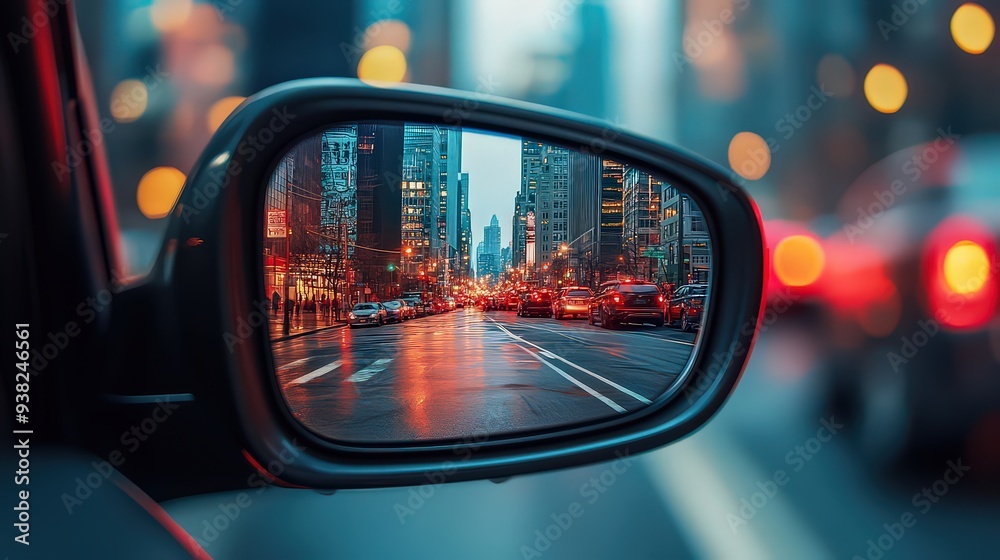 city street view captured in a car's side mirror during a rainy evening with traffic lights glowing. city street view captured in a car's side mirror during a rainy evening with traffic lights glowing.