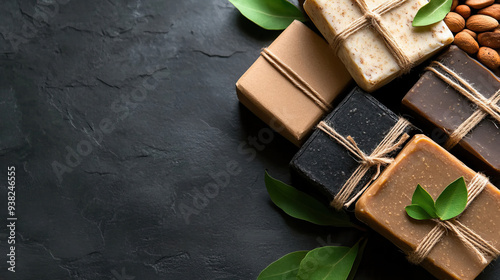 Handmade natural soap bars with organic ingredients and leaves on dark background. Eco-friendly personal care products for a healthy lifestyle.