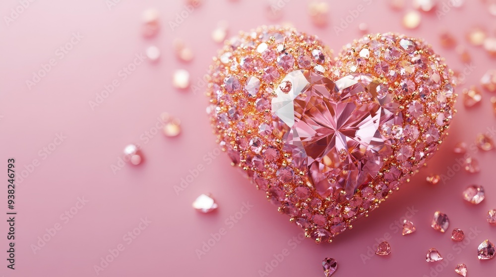 Fototapeta premium Golden heart-shaped diamond jewelry on a pink background, radiating luxury and elegance.